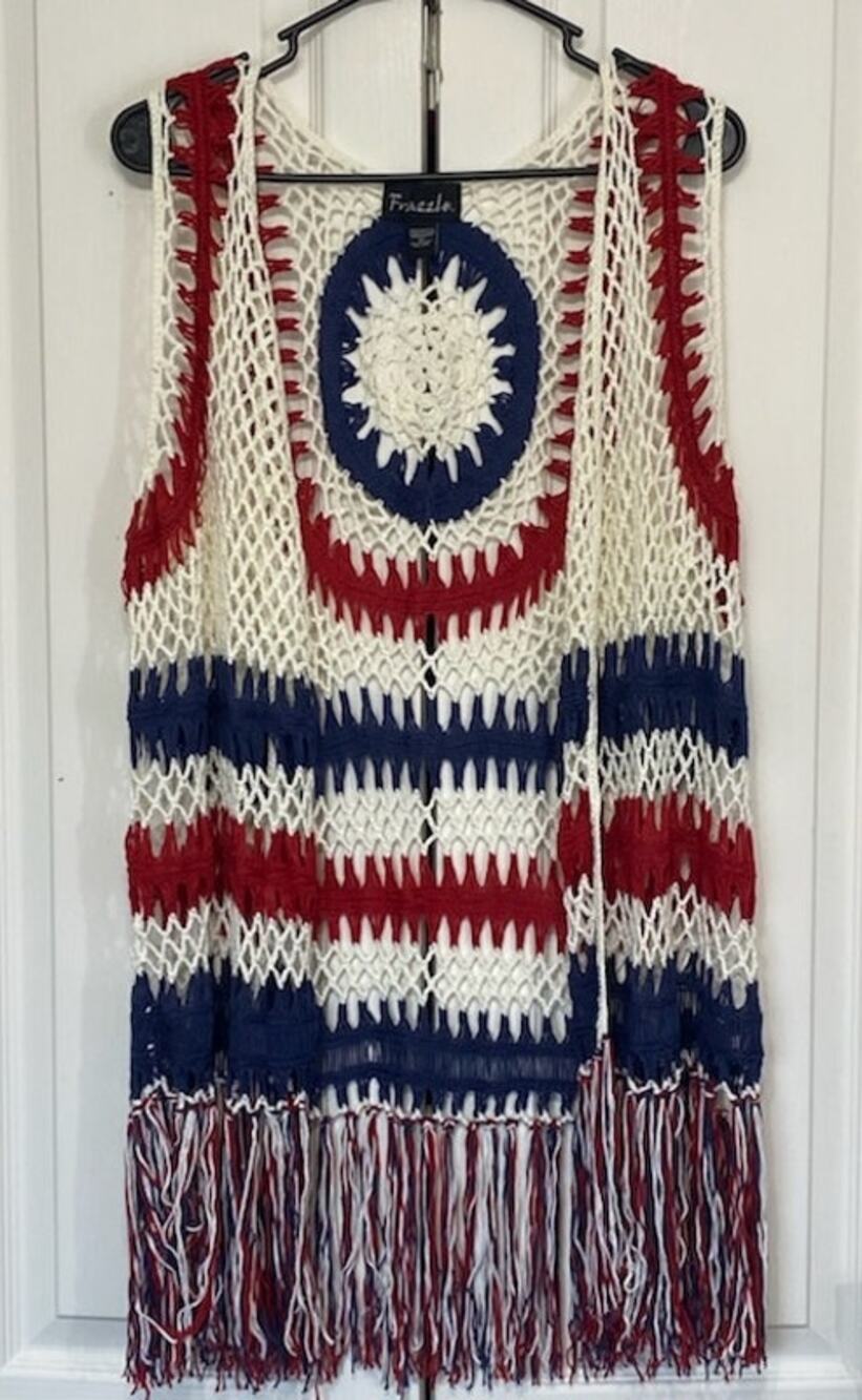 Frazzle Americana Crochet Vest Red White Blue Fringe Detail Women’s XL
